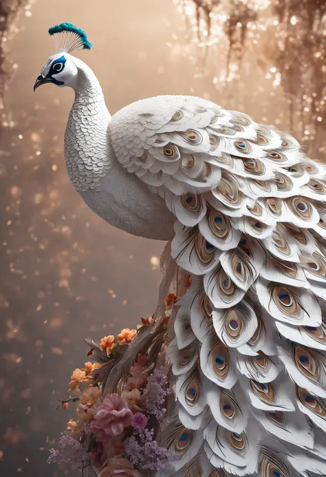 best quality, a stunning artwork of a beautiful white peacock, intricately detailed, (best shadow), elegant, volumetric lighting