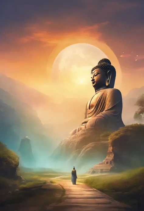 Giant Buddha statue in the distance, stone, Texture, Tall, Majestic, The background is illuminated by sunlight，inverted image，Lateral face，Pilgrims on the road