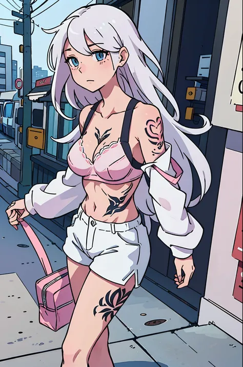 (best-quality:0.8), (best-quality:0.8), perfect anime illustration, pretty mature woman walking through the city, long white hair, (tattoos), pink bra, white shorts