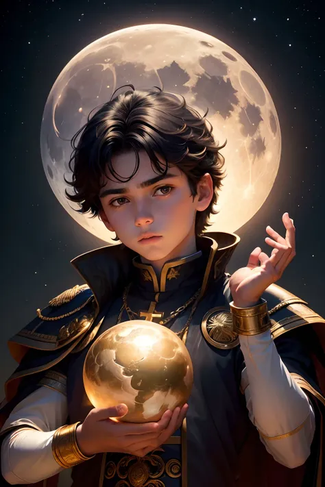 a 12 year old boy holding a globe in his hands before a full moon, Young God God Conceptual Art, Religious Images, The Lord and Savior, God Looking at Me, The God Emperor of Mankind, Jesus Gigachad, Portrait of a Heavenly God