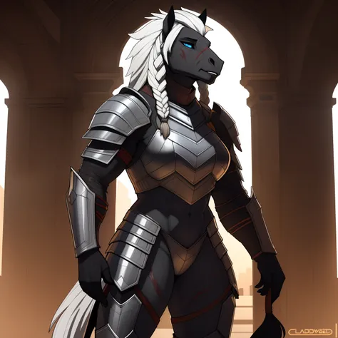 muscular_mature_horse female white_mane long_single_braid dark_gray_furry_body blue_eyes scarred_body heavy_armor solo Masterpiece best_quality absurdres highly_detailed cleanly_drawn_eyes anthro_only by_claweddrip, by_greasymojo, by_underscore-b, by_runaw...