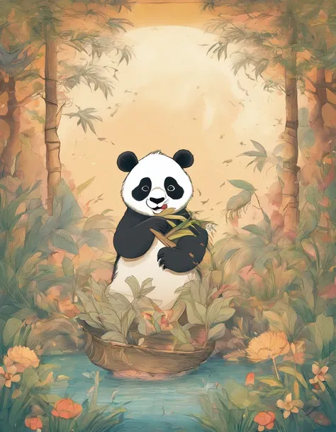 KIDS ILLUSTRATION，Silent night, Quiet bamboo forest, Bamboo leaves fall in the wind,Cute and cute giant panda cubs，fatty，Holding bamboo shoots，bamboo shoots，Full moon in the sky, fireflies flying，（（oc rendered））