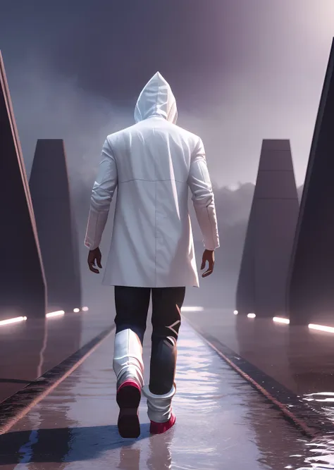 black man dressed in white coloured African designed clothes, walking on a wet surface covered by white smoke, all white coloured in scene, cgsociety 9, sci-fi, with iridescent light, 32k, ultra HD, unreal engine rendered, cinematic lighting,  bright and v...