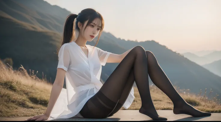 (Full body:1.5)，(1girl in:1.3),(view the viewer:1.4)，(anatomy correct:1.4),(Sitting at the top of a mountain:1.2),(Wearing a nurse set:1.2),(Opaque pantyhose:1.3),(Accurate and perfect face:1.3),(Long legs:1.3),hyper HD, Ray traching, reflective light， Str...