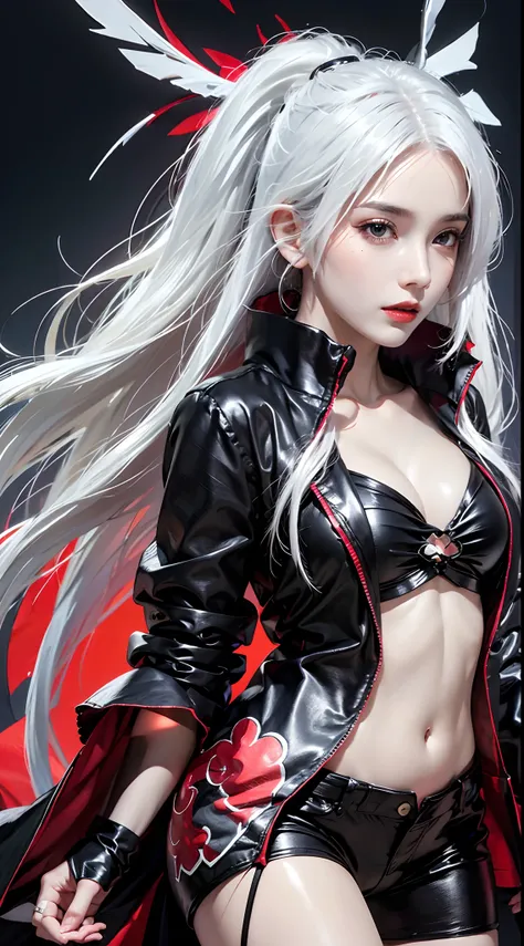 Best quality, masterpiece, high resolution, (perfect body shape), 1girl, red lips, white hair, AKATSUKI OUTFIT, ninja, black cloak, black coat, sharingan eyes