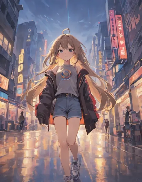 girl, look at sky, long light brown hair, hair on the wind, skinny pants, gray blouse, adidas Grand Court Se, night weather, middle of the city, neon, background people and cars, fullbody view