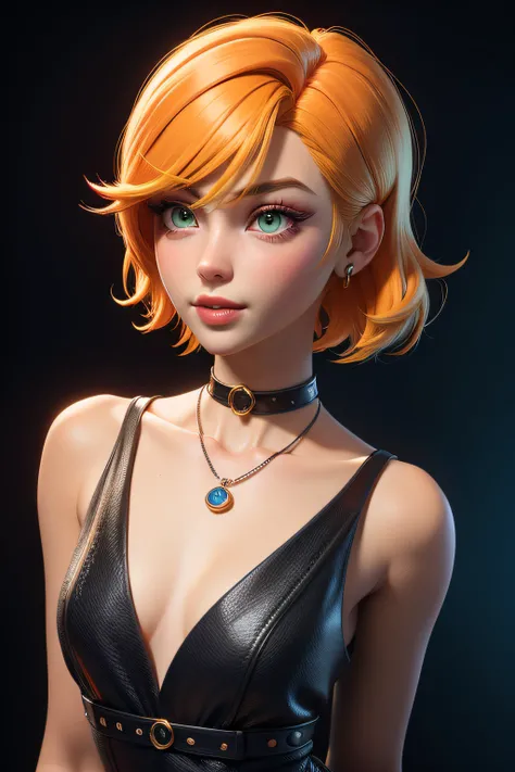 tmasterpiece, best qualityer, 。.。.3d rending work, 。.。.3DMM style, Close-up, sportrait, 。.。.3D, 1girll, Solo, multicolored hair, yellow  hair, orange color hair, choker necklace, freckle, jewely, two tone color hair, looking off to the side, realisticlying...