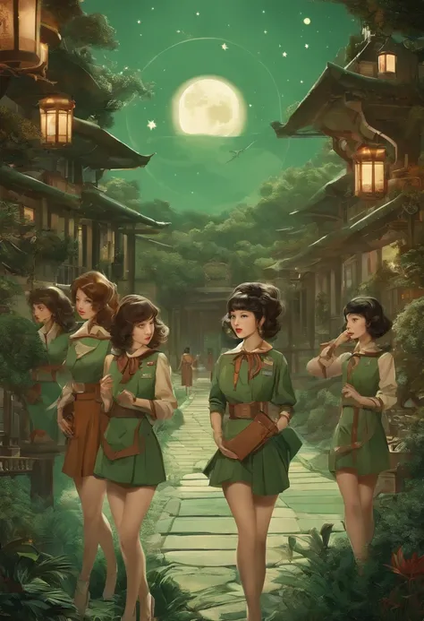 (masutepiece), (Best Quality), (Best Detail), (Distant general perspective), (Edge Wear Paper),(The main color of the illustration: jade green), (Secondary color: cinnamon), Group of very beautiful schoolgirls with sexy posture, Very detailed face, Vintage...