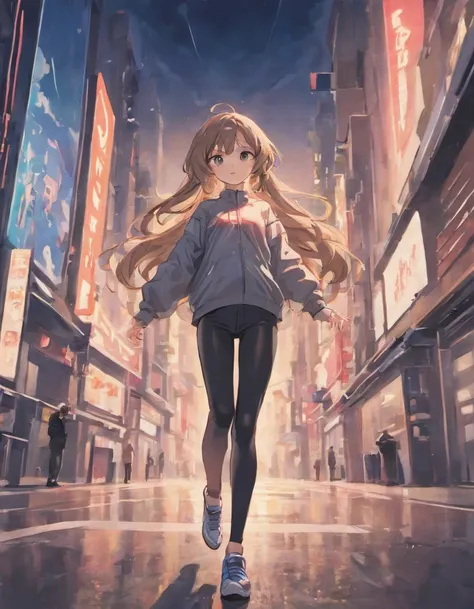 woman, look at sky, long light brown hair, hair on the wind, skinny pants, gray blouse, adidas Grand Court Se, night weather, middle of the city, neon, background people and cars, fullbody view