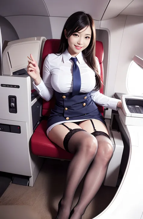 Beautiful flight attendant in the seat of the plane，Super beautiful，perfect bodies，Meticulous beautiful flight attendant outfit，Smile sweetly，Beautiful stockings，Beautiful high heels，Gravure pose，fully body photo