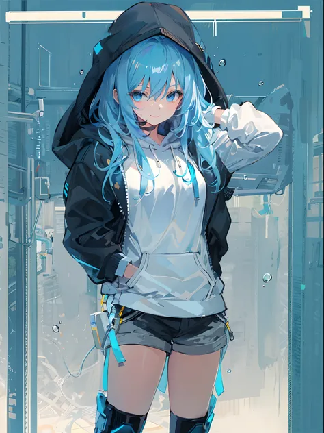 ((top quality)), ((masterpiece)), ((super detail)), (very delicate and beautiful), girl, solo, cold demeanor, ((black jacket)), she looks very (relaxed) and (calm), black hair, depth of field, evil smile, stirrups, underwater, air bubble, light blue eyes, ...