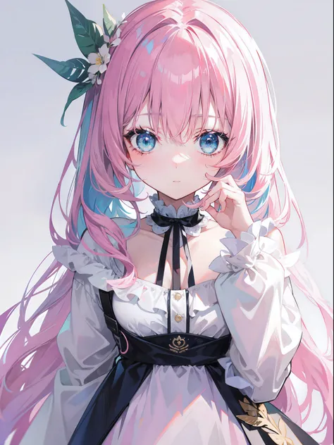 Gray-pink bangs，Blue-green eyes，Its a cute girl