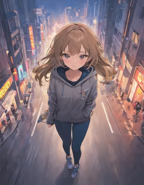 girl, look at sky, long light brown hair, hair on the wind, skinny pants, gray blouse, adidas Grand Court Se, night weather, middle of the city, neon, background people and cars, fullbody view