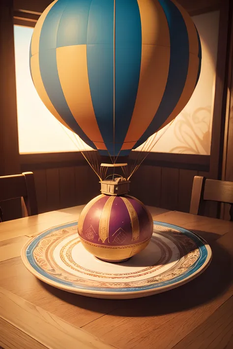 (a hot air balloon sat on a plate,plate on a table),medium,detailed,realistic,vivid colors,warm lighting