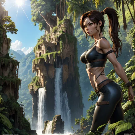 1Kristin Kreuk as Lara Croft dressed in latex. longs cheveux bruns. Ponytail. beaux yeux verts. Pose sexy. ruines dans une jungle luxuriante et une cascade in the background. Sun shining through the jungle. Chef doeuvre. golden ratio. highly detailed. very...