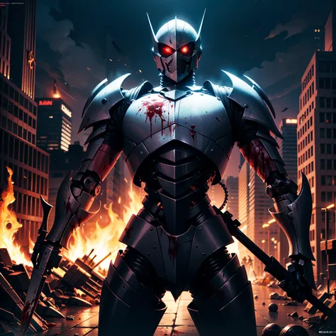 （Very detailed 8k wallpapers），The horror covered in blood（Undead Knight）Side photo of （hyper-detailing），Kamen Rider，Burning eyes，（Put on the flame armor），（Semi-mechanized body），（Mechanical skeleton），Mechanical details：1.2，Carry a sickle，uncanny，The dark wo...