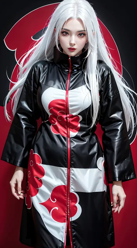 Best quality, masterpiece, high resolution, (perfect body shape), 1girl, detailed face, red lips, white hair, AKATSUKI OUTFIT, ninja, black cloak, black coat, sharingan eyes