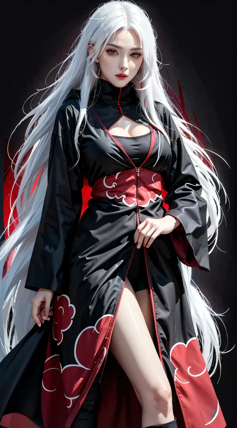 Best quality, masterpiece, high resolution, (perfect body shape), 1girl, detailed face, red lips, white hair, AKATSUKI OUTFIT, ninja, black cloak, black coat, sharingan eyes