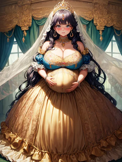 (masterpiece, best quality,extremely detailed:1.1),(moe anime art style:1.2),1girl,((full body,focus face)),((solo)), cute, kawaii,digital art,((1 bling-bling pregnant princess wearing beautiful embroidery and jeweled gorgeous princess rococo ballgown with...