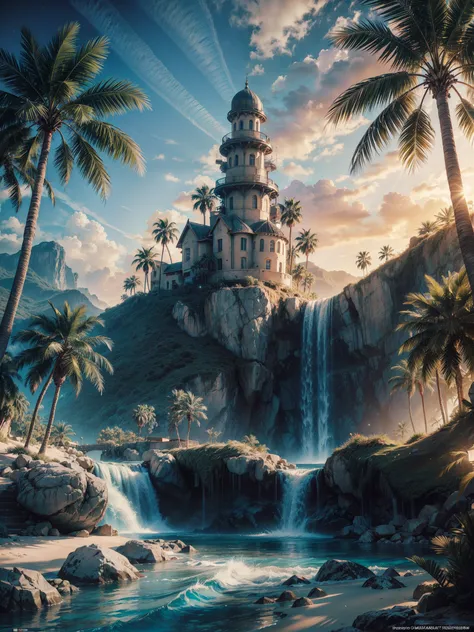 Palm Tree desert island, beautiful deset island, palm trees desert island, artificial waterfall, realistic detailed portrait, AMD FidelityFX Super resolution 3, night light effects, cinematic night light, ocean, masterpiece collection award winning artwork...