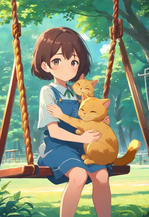 Little girl hugging golden cat, Sit on the swing in the middle of the wide yard.