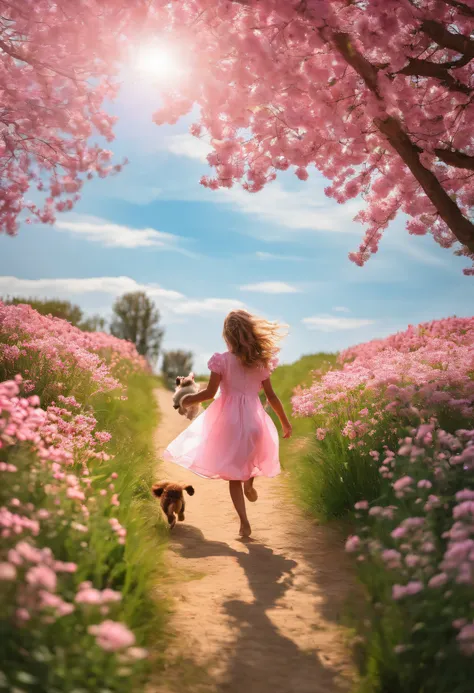 sunny clear blue sky，Splendid flowers are in bloom，Girl in pink dress running happily with puppy in the field pink flowers blossoms