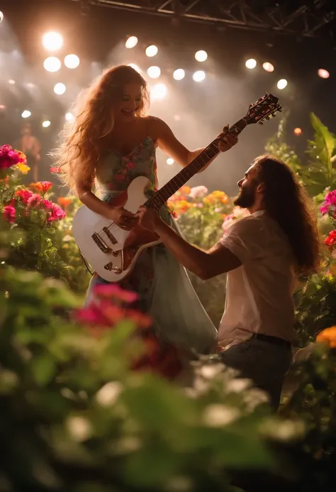 Beautiful woman with long hair laughing with LED lights dress and man with a guitar singing and dancing together on the stage with many green plants and many colorful flowers, LED lights on the stage, you can see the audience, jumping and dancing happily, ...