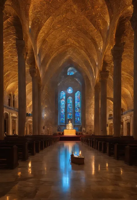 Uma cena sagrada. The surroundings are full of dazzling light，in a large marble hall, raios solares saem das nuvens, There is a person with Jesus on the side。Following this description creates a unique and impressive cover screen for me。