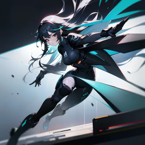 Seven colored long hair，Black eyes，Black gradient futuristic tights combat suit，Kizi，HD graphics，Two-dimensional space，Biye gesture，Air bangs，