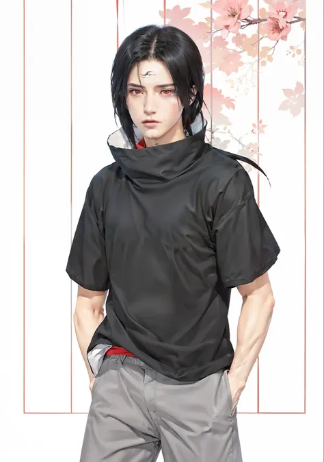 1man, uchiha itachi in anime naruto, long hair , black hair, red eyes, handsome, grey clothes, realistic clothes, detail clothes...