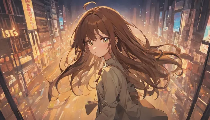 woman, skinny, adidas shoes, blouse, long brown hair, voluminous and slightly wavy hair, light eyes, looking from the bottom up at the viewer, city at night, background people, fullbody view