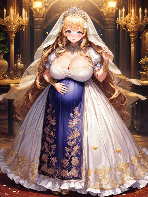 (masterpiece, best quality,extremely detailed:1.1),(moe anime art style:1.2),1girl,((full body,focus face)),((solo)), cute, kawaii,digital art,((1 bling-bling pregnant princess wearing beautiful embroidery and jeweled gorgeous princess rococo ballgown with...