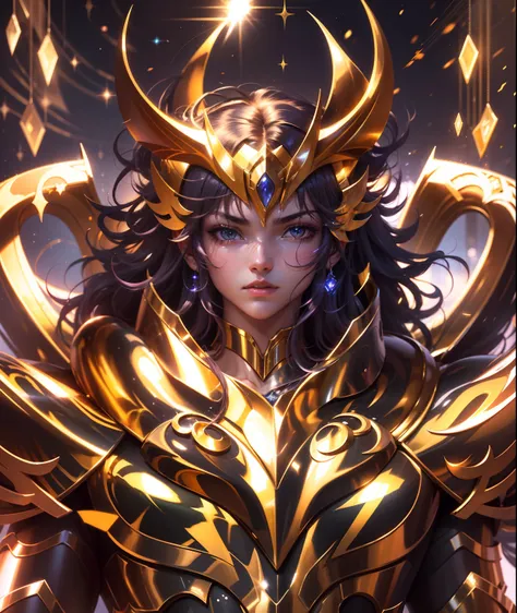 Ultra-high saturation，（tmasterpiece）， fully body photo，（best qualtiy）， （1girll）， starryskybackground，Wearing shiny gold armor， Sexy lingerie type armor，Expose your chest，Expose the waistline，Exposing thighs，cool-pose， Saint Seiya Armor， messy  hair，high de...