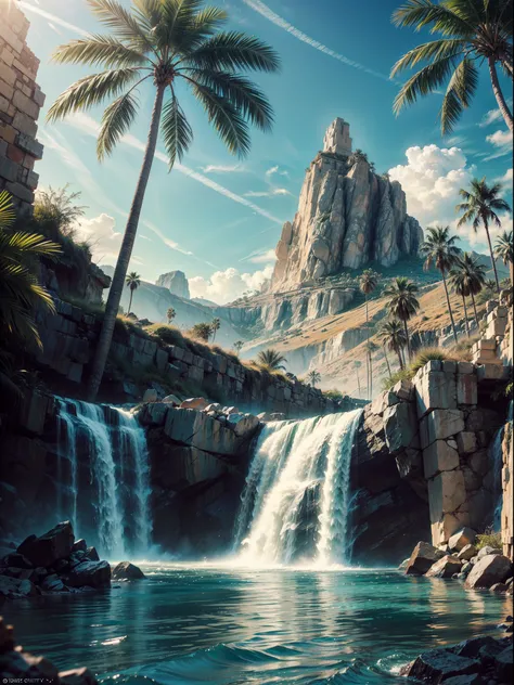 Palm Tree desert island, beautiful deset island, palm trees desert island, artificial waterfall, realistic detailed portrait, AMD FidelityFX Super resolution 3, day light effects, cinematic day light, ocean, masterpiece collection award winning artwork, of...