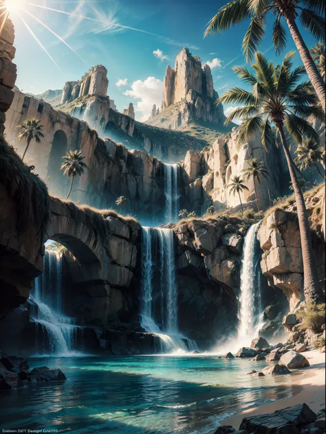 palm tree desert island, beautiful deset island, palm trees desert island, artificial waterfall, realistic detailed portrait, am...