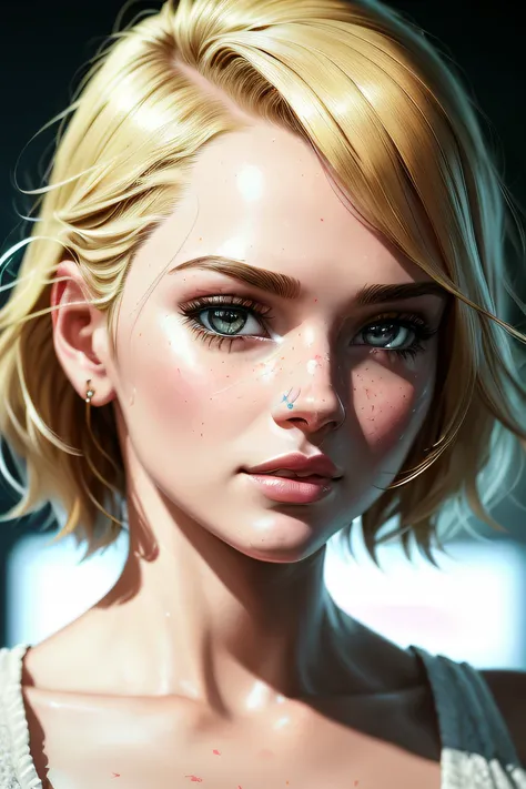 Mulher loira com olhos marejados e uma regata branca, Arte digital realista 4K, Arte digital realista 4K, Cinematic realistic portrait, stunning digital illustration, RossDraw Retrato, 8 k arte digital realista, pintura digital realista, retrato impression...