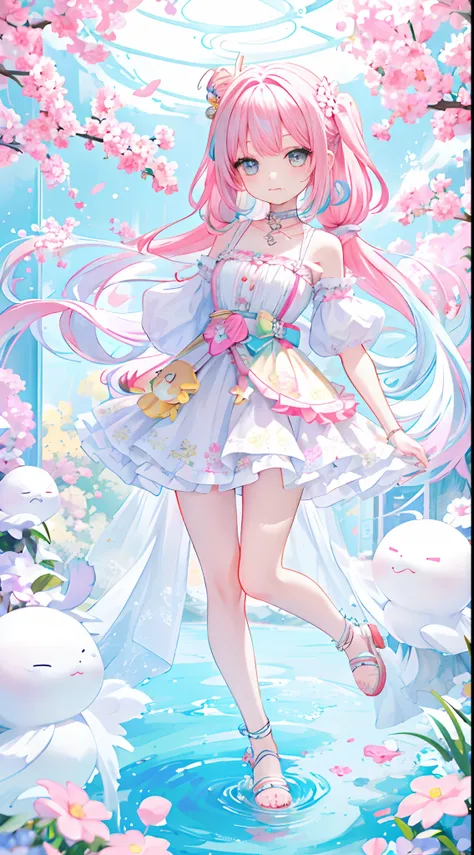 （（a sticker：1.5）））， （（chibi character））， （white backgrounid）， fluffly， Girl vs， Floral floral dress，  full body Esbian， pastel-colored hair， Pastel colors hair， fairytale-like，  Fringed skirt design， tmasterpiece， best qualtiy，Shining eyes、Cute Baby Turtle...