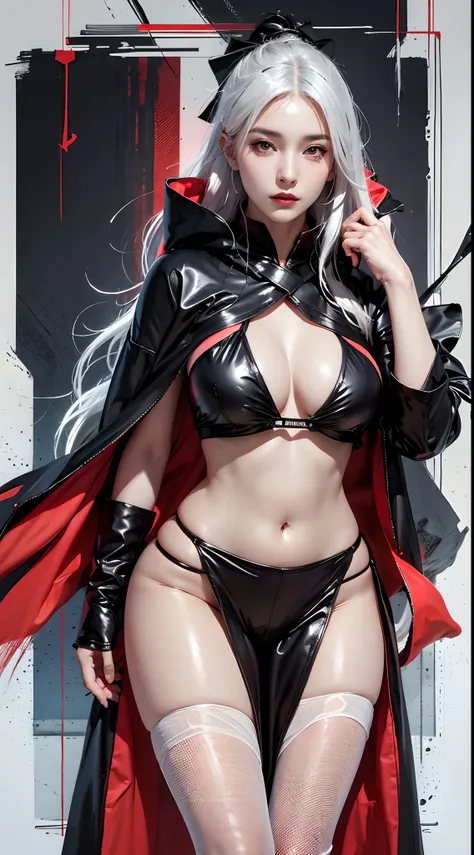 photorealistic, high resolution, 1women, mature female, solo, hips up, akatsuki outfit, black cloak, black coat, white hair