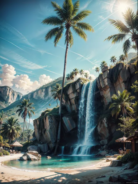 palm tree desert island, beautiful deset island, palm trees desert island, artificial waterfall, realistic detailed portrait, am...