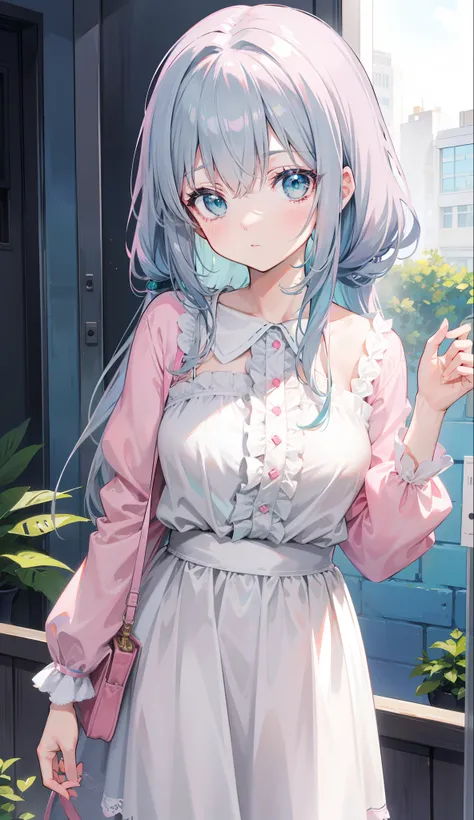 Gray-pink bangs，Blue-green eyes，Its a cute girl