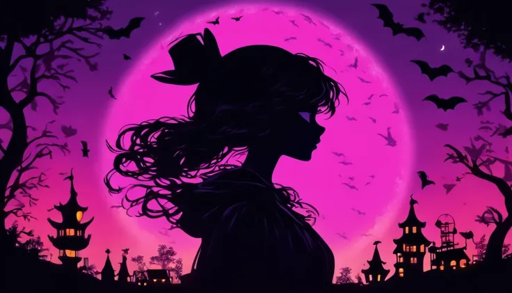 (Silhouette Art,cutouts:1.6)
(((Paper cutting art,A world where only black exists:1.3)

(Cowboy Shot),1 girl,Solo,
(Girl in a witchs hat,profile:1.2),white, Clear and beautiful face,The Moon Behind、Jack-o-lantern、Bats

break
(Purple Moon)
Textured glass ba...