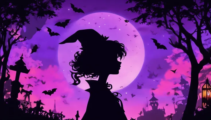 (Silhouette Art,cutouts:1.6)
(((Paper cutting art,A world where only black exists:1.3)

(Cowboy Shot),1 girl,Solo,
(Girl in a witchs hat,profile:1.2),white, Clear and beautiful face,The Moon Behind、Jack-o-lantern、Bats

break
(Purple Moon)
Textured glass ba...