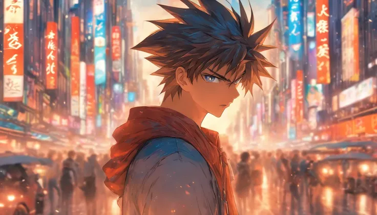 A young man standing on a busy city street, his eyes filled with deep contemplation, surrounded by towering buildings, constant traffic, and bustling crowds, ,in the style of the stars art group xing xing,32k, best quality, masterpiece, super detail, high ...