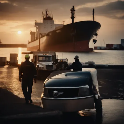 Composition in which you can see in the background a tanker truck, an oil cargo ship and in the foreground, a truck driver, a boat captain and a manager (the characters are in close-up), the image is ultra realistic , 4K