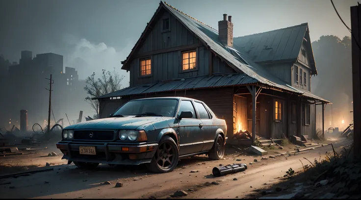 a rusty blue car in the foreground, a ruined wooden house of horror in the background, rusted car parts scattered on the ground, a chain, a gun, a dark and oppressive atmosphere, and a dramatic ambient light. spot  warm light on car , dark plants dark plan...