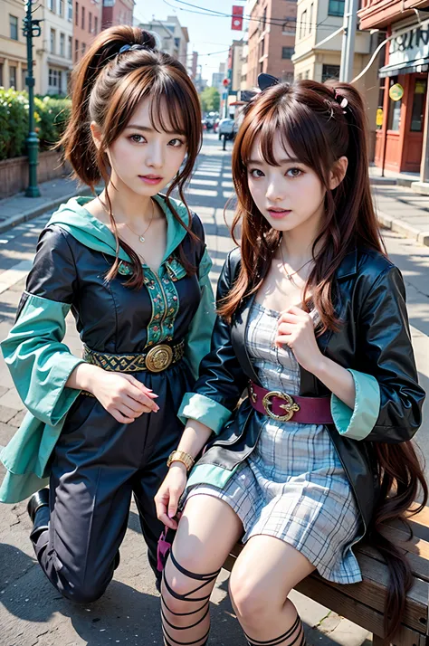 Best quality, Masterpiece, Extremely detailed, high resolution, 4K, 超高分辨率, Detailed shadows, Perfect light and shadow,duo, Two girls in fashionable clothes take selfies on the street, colorful pigtail, anime cosplaying, Anime style mixed with Fujifilm, Cut...