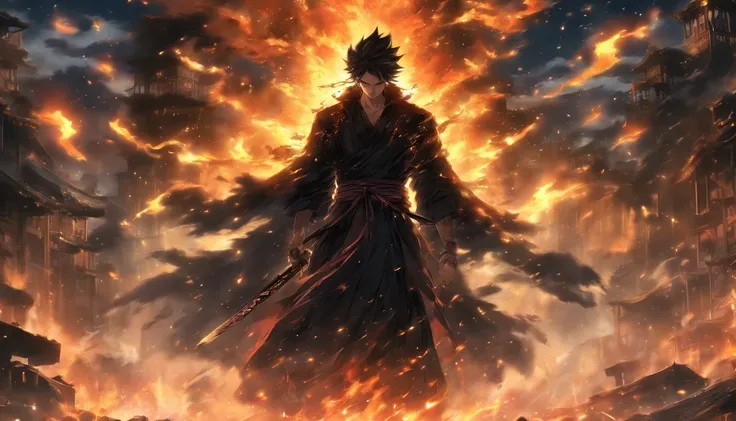 A man in a black robe, holding a sharp sword, standing in a desolate ruin, surrounded by broken buildings and burning flames, with a dark and stormy sky above, his cold and majestic gaze exuding an unbeatable power, ,in the style of the stars art group xin...