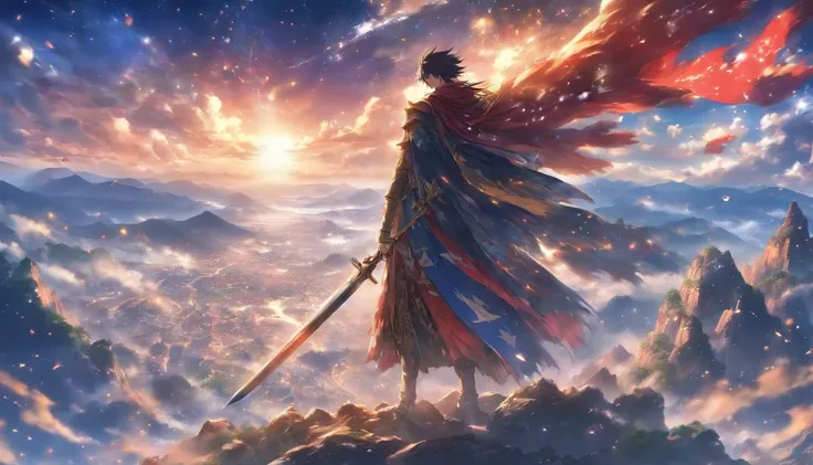 A tall and handsome man standing on top of a mountain, with fluttering flags behind him and a war-torn scene around him. He wields a giant sword, wearing a magnificent battle robe, and gazes resolutely in all directions, ,in the style of the stars art grou...