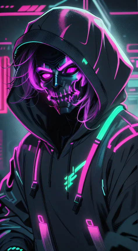 A man in a hoodie，Wearing a neon mask, ghost neon, neon and dark, profile picture 1024px, background artwork, dark art style, neon cyberpunk, evil smile and glowing eyes, synthwave art, neon noir, Cyberpunk art style, scary style, bright cyberpunk glow, ne...