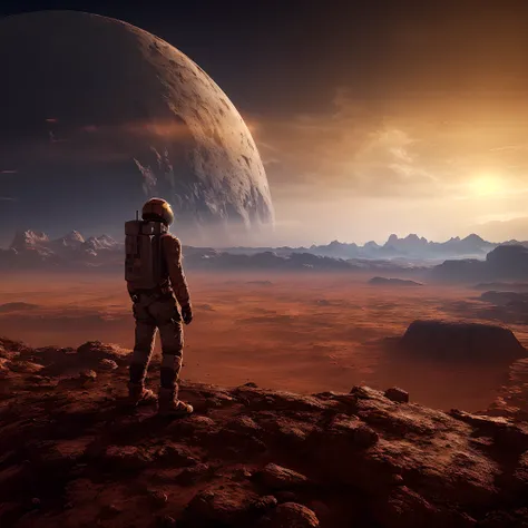 (best quality,highres,ultra-detailed:1.2), stunning long shot of an astronaut standing on Mars, overlooking the vast landscape.  The astronaut is seen from a distance, highlighting the grandeur of the scene.  The foreground features an immense mountain, Mo...